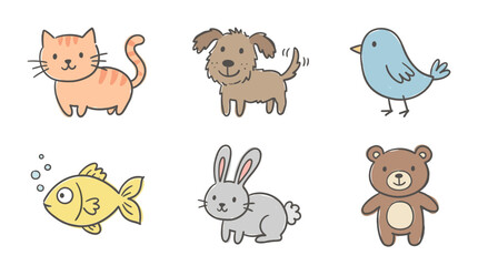Fototapeta premium Icon pack of cute animal illustrations including cat dog bird fish rabbit and teddy bear