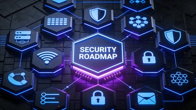 A cybersecurity roadmap concept with shield icons, encrypted symbols, and digital locks on a futuristic grid background.
