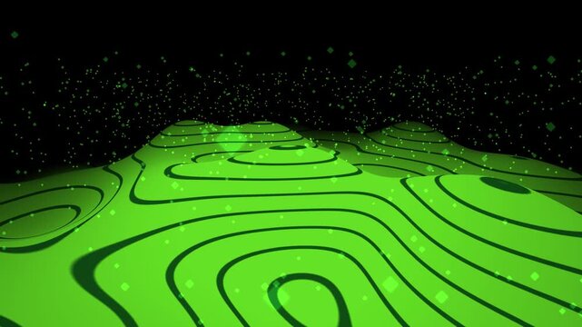 High quality 4K seamless abstract background loop. Features vibrant flowing topographic lines, dynamic fluid energy, and floating glowing diamond particles. Perfect for technology, AI concepts, VJ loo