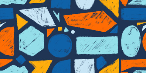 Naklejka premium Seamless pattern crayon drawn geometric shapes with grunge texture. Basic forms including circle, square, triangle, hexagon, rectangles for abstract design. Hand drawn scribble, scratch pencil figures
