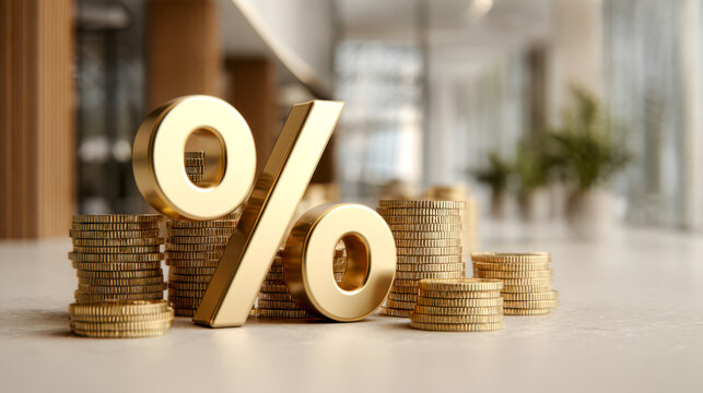 Gold percentage symbol on stacks of coins in a business setting