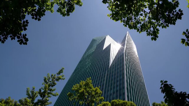 A modern glass skyscraper with green trees and blue skies, a cityscape of urban architecture flooded with sunlight, a summer landscape