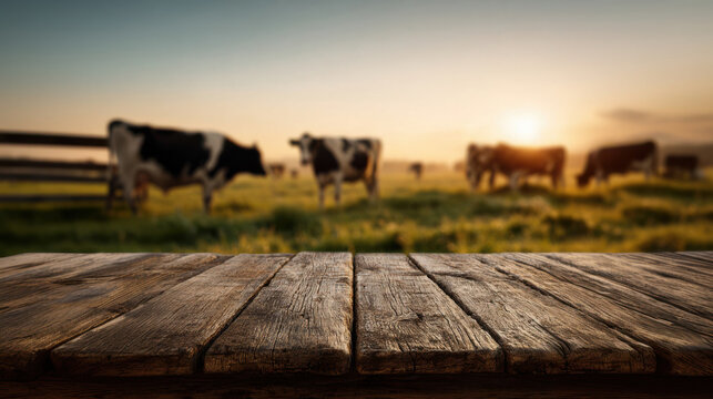 Cows grazing on green grass during sunset near a wooden table in an outdoor farm setting
