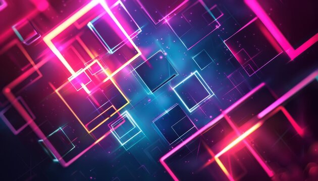 Colorful neon squares create a vibrant abstract background with glowing light effects in a digital artwork