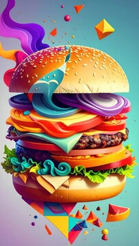 Stylized burger layers exploding with color on a soft gradient background