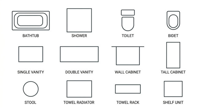 Collection of bathroom fixture icons for architectural plans.