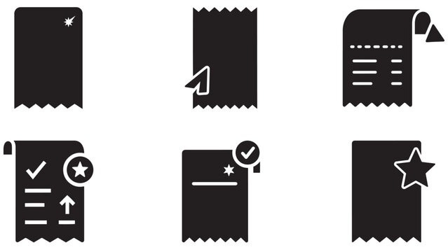 Editable ticket and coupon icon collection with voucher, receipt, validation, rating, and promotional symbols in dark silhouette style