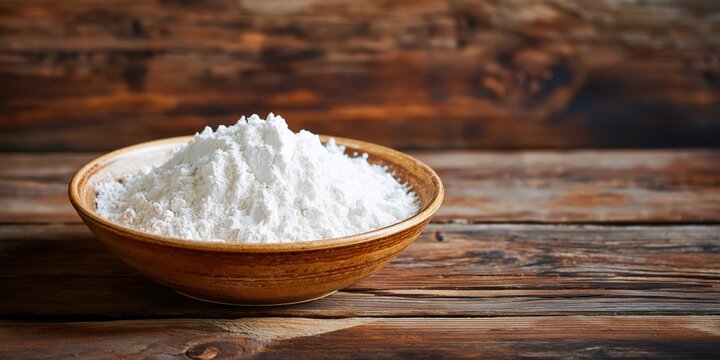 White powder in a wooden bowl on rustic wooden table with copy space, suitable for baking and cooking concepts.