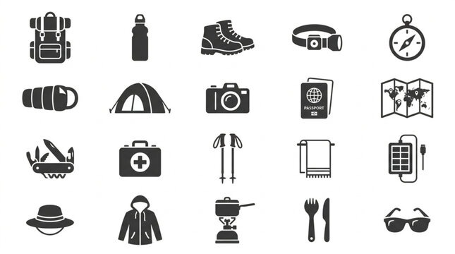 Collection of outdoor adventure and camping equipment icons.