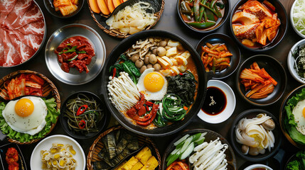 Fototapeta premium Abundant Korean traditional table setting with bibimbap pot, spicy meat, and various side dishes (Banchan)
