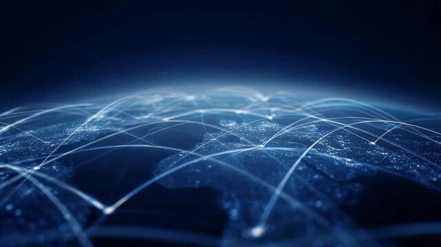 High tech visualization interconnected digital pathways forming web over Earth, symbolizing global communication. This represents modern era information exchange, internet networks