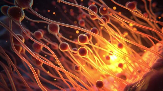 Close-up view of sperm cells swimming towards an egg cell, illustrating conception and reproduction in a biological context