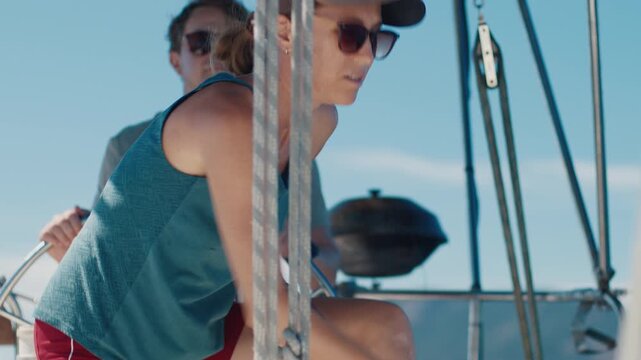 Woman sailor works with rope on a sailing boat. Couple sailing in the tropical calm sea during nice sunny day