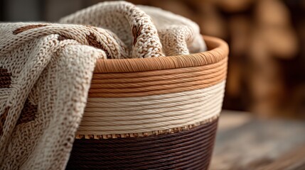 Obraz premium Woven basket with knitted blanket