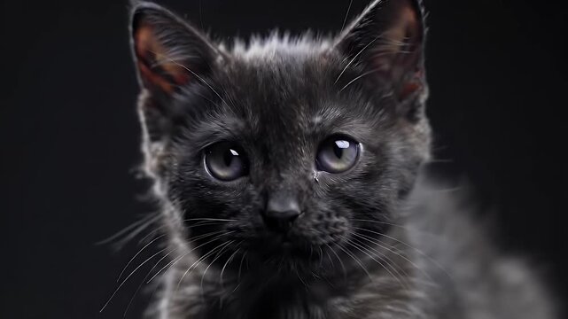Close-up Portrait of a fluffy gray kitten with blue-eyed gaze against a dark backdrop