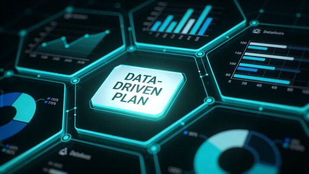 A futuristic data visualization showcases ESG icons and graphs on a sleek digital interface screen