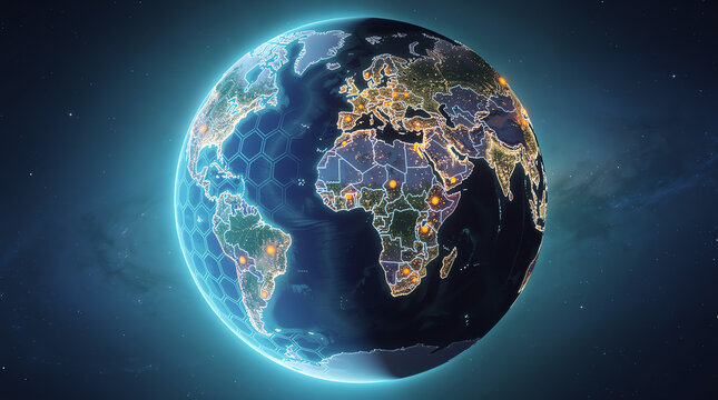 Digital globe showing Earth's continents with illuminated cities and a hexagonal network pattern overlay under a dark space background.