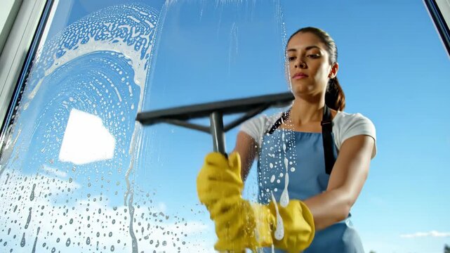 Woman Cleaning Window Glass with Squeegee and Soapy Water against Blue Sky