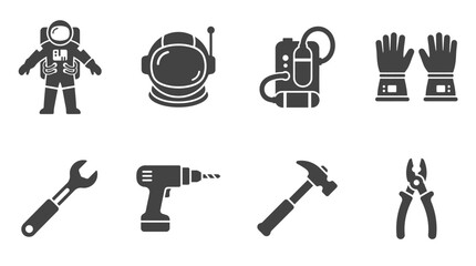 Collection of astronaut and space-themed tools and gear, showcasing equipment in a minimalist style © Kebo