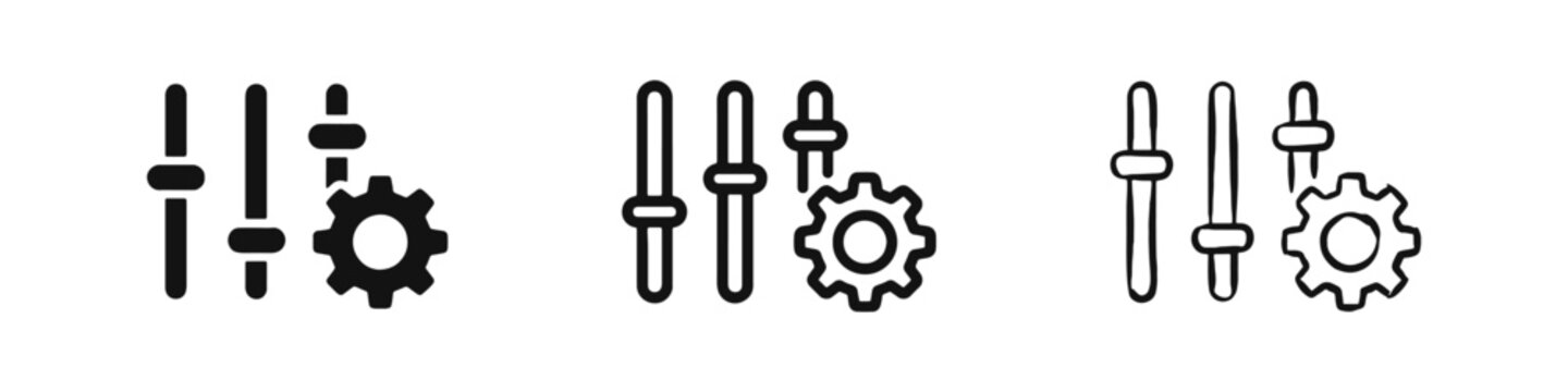 Settings and Adjustment Sliders Icon Set with Gear Symbol - Flat, Outline, and Hand-Drawn