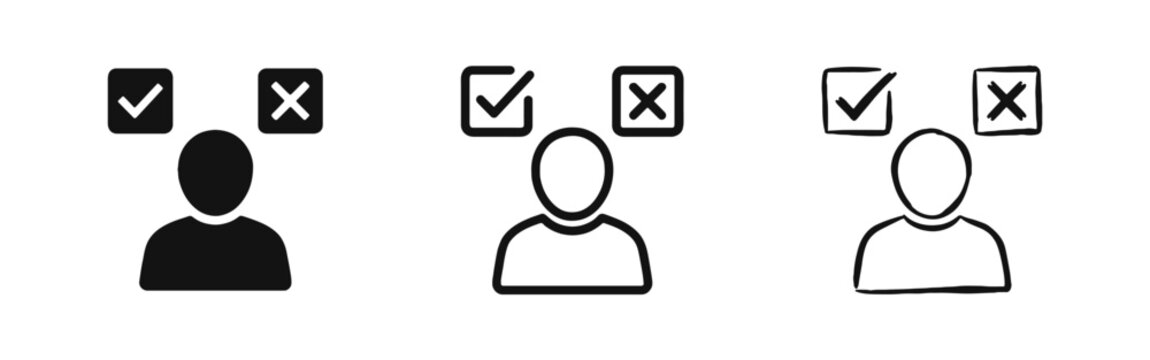 User Feedback and Selection Icon Set with Check and Cross - Flat, Outline, and Hand-Drawn
