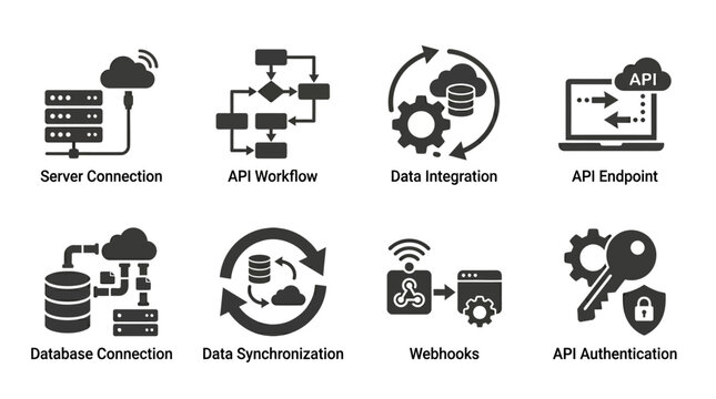 Visual representation of API processes including server connection, data integration, and workflows