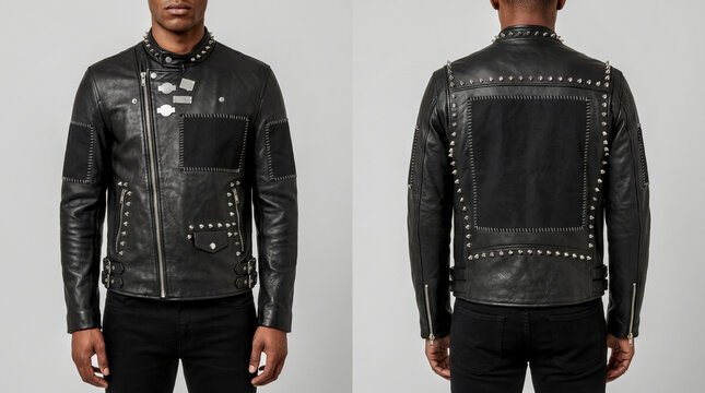 Front and back views of a men's heavily studded black punk leather jacket. Front features an intricate geometric stud pattern, pins. Back has framing studs. High-end streetwear reference