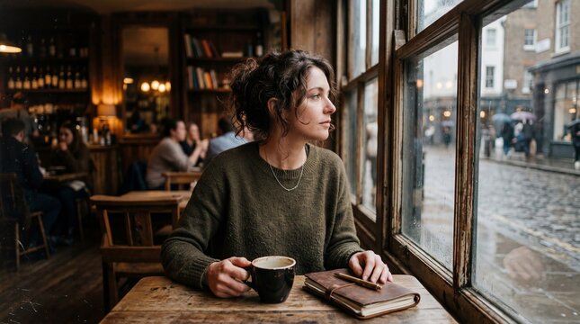 Young woman drinking coffee near a large window with city view.