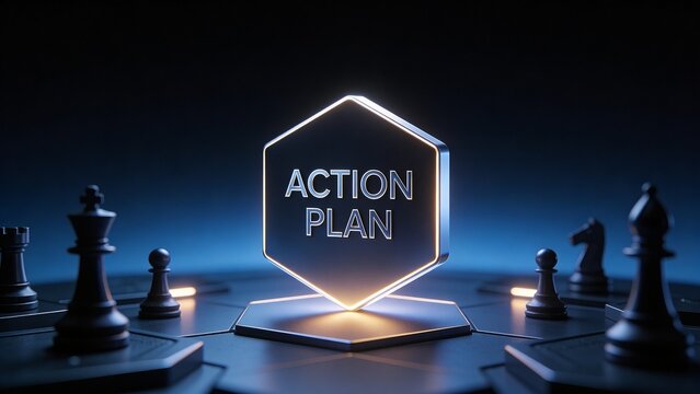 A precision-crafted business strategy visualization displays a hexagonal action plan among chess pieces.