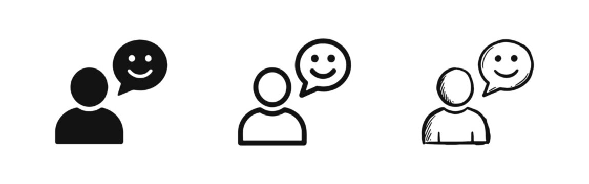 Happy Customer Testimonial and Feedback Icon Set - Flat, Outline, and Hand-Drawn