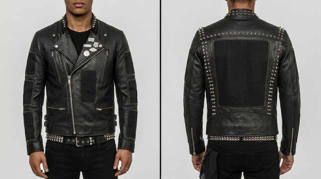 Split view of a men's heavy punk black leather jacket. Features asymmetrical lapel loaded with silver studs, metal pins, and studded back frame. Excellent for subculture fashion marketing