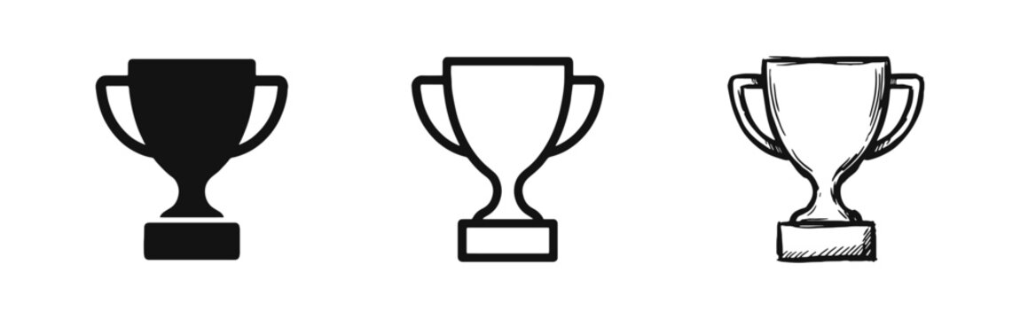Trophy Cup Award and Success Icon Set - Flat, Outline, and Hand-Drawn Winner Symbols
