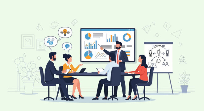 Business meeting with charts and teamwork presentation, flat design