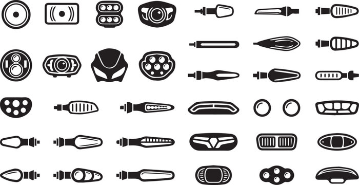 Set of motorcycle headlights and turn signal indicator icons in black vector silhouette style