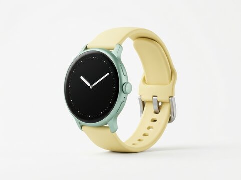 Modern round smartwatch with mint green case and yellow strap on white background.