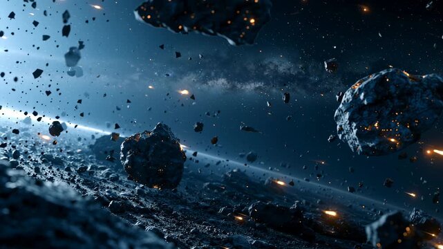 Asteroids and meteoroids creating a cosmic storm event, flying through deep space with a distant planet and star field in the background, a dangerous celestial debris impact shower