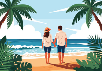Flat style vector illustration of a romantic couple walking hand in hand on a tropical beach, symbolizing love, summer vacation, relaxation, and travel lifestyle © Amie