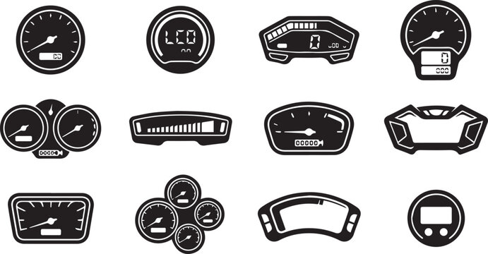 Set of motorcycle speedometer and digital dashboard icons in black vector silhouette style for automotive design.