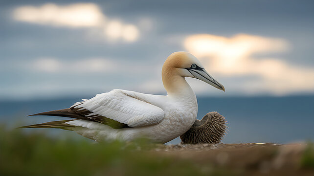 A gannet sitting on a nest with a chick on a cliffside overlooking the ocean