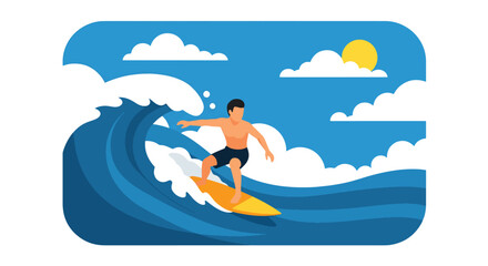 Flat style vector illustration of a male surfer riding a powerful ocean wave, highlighting summer sport, beach adventure, water recreation, and active outdoor lifestyle © Amie