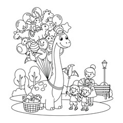 Brachiosaurus giving dinosaur balloons to a happy family in the sunny park for this fun coloring page © Crafter