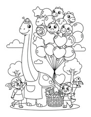 Brachiosaurus selling balloons to happy children in a park during a sunny day in this coloring page © Crafter