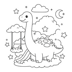 Brachiosaurus floating in a magical night sky with a cloud swing and stars in this cute coloring page © Crafter