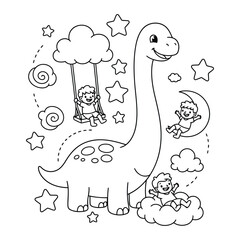Brachiosaurus playing with happy children among magical stars and fluffy clouds in this coloring page © Crafter