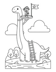 Brachiosaurus helping a little boy explore the nature from a high observation tower coloring page © Crafter