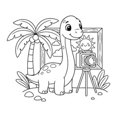 Brachiosaurus using a tripod camera to photograph the tropical sun and palm trees in this coloring page © Crafter