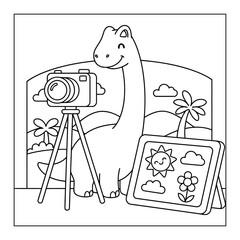 Brachiosaurus taking photos with a camera on a tripod in a tropical landscape for this coloring page © Crafter
