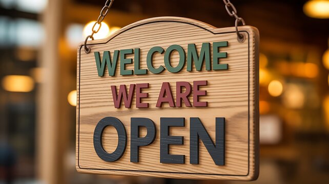 Welcome we are open sign hanging in shop entrance business reopening concept