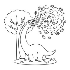 Brachiosaurus blowing falling autumn leaves from a tall tree in the forest for this seasonal coloring page © Crafter