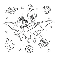 Pterodactyl astronaut wearing a helmet while exploring outer space with a wrench for this coloring page © Crafter